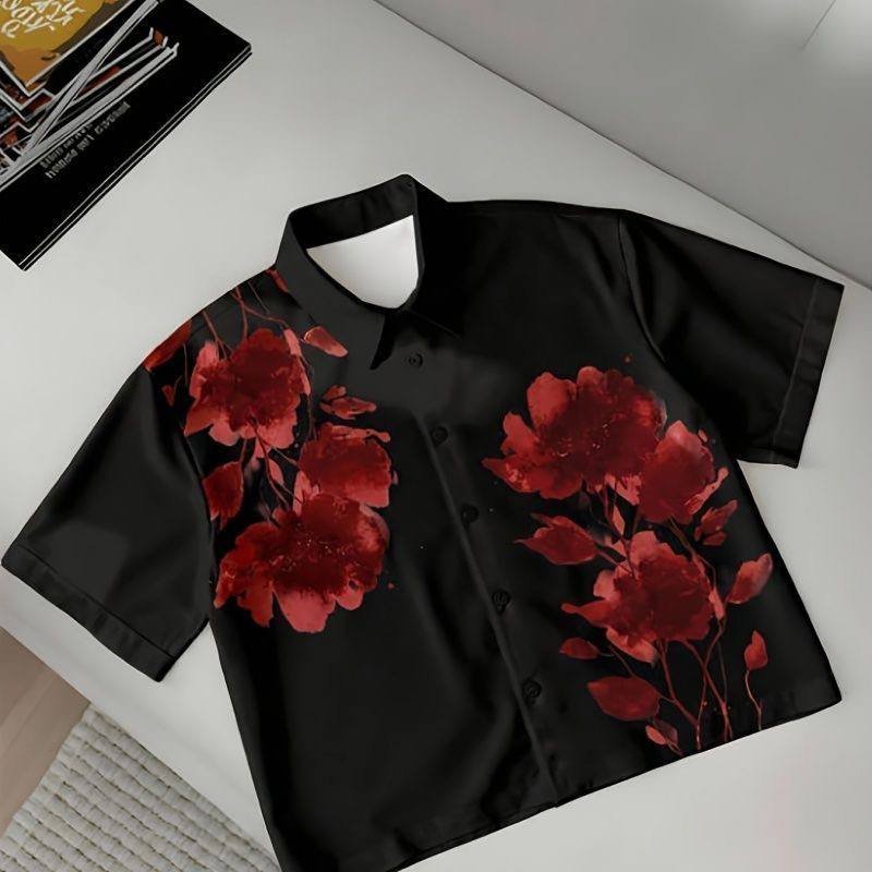 Black Floral Print Short Sleeve Shirt