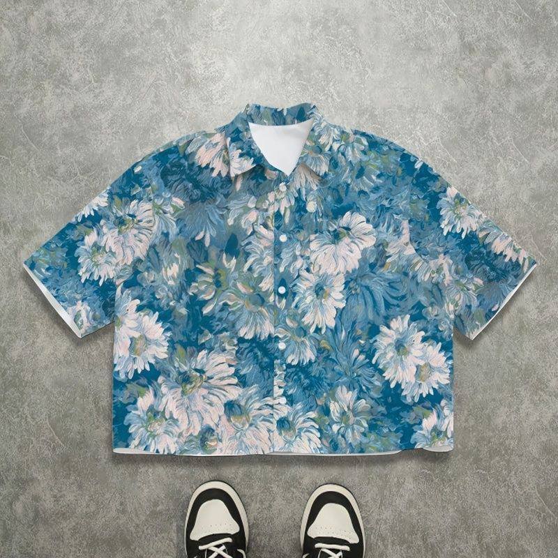 Blue Floral Print Cropped Shirt