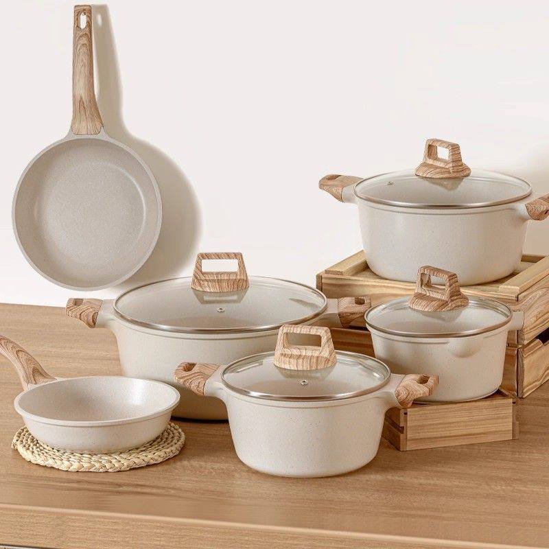 Cream Granite Nonstick Cookware Set with Wood-Grain Handles, view 2