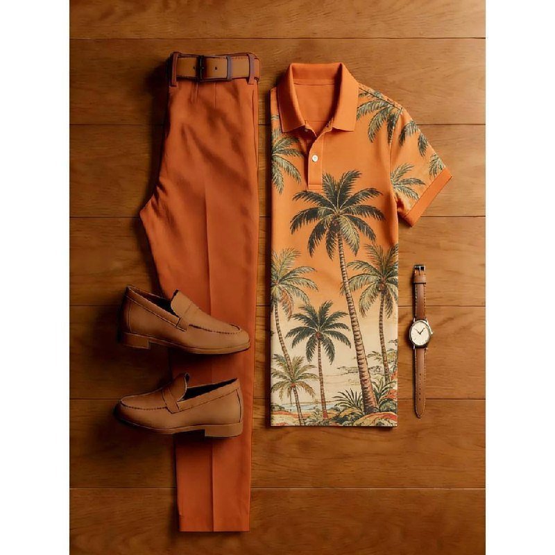 Palm Print Polo Shirt Outfit Set