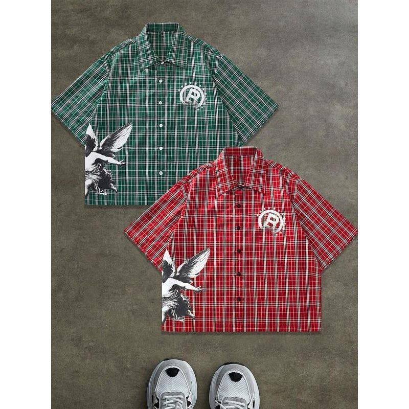 Plaid Angel Print Short Sleeve Shirt