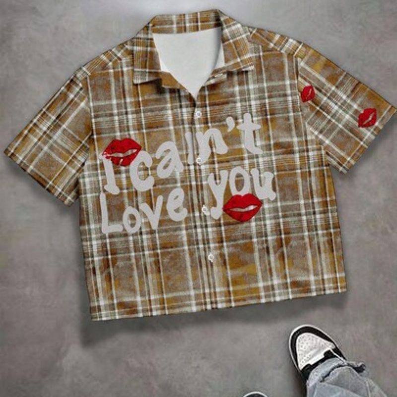 Plaid Print Short Sleeve Shirt with Lip Graphic