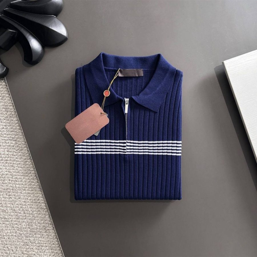 Ribbed Knit Half-Zip Polo Shirt