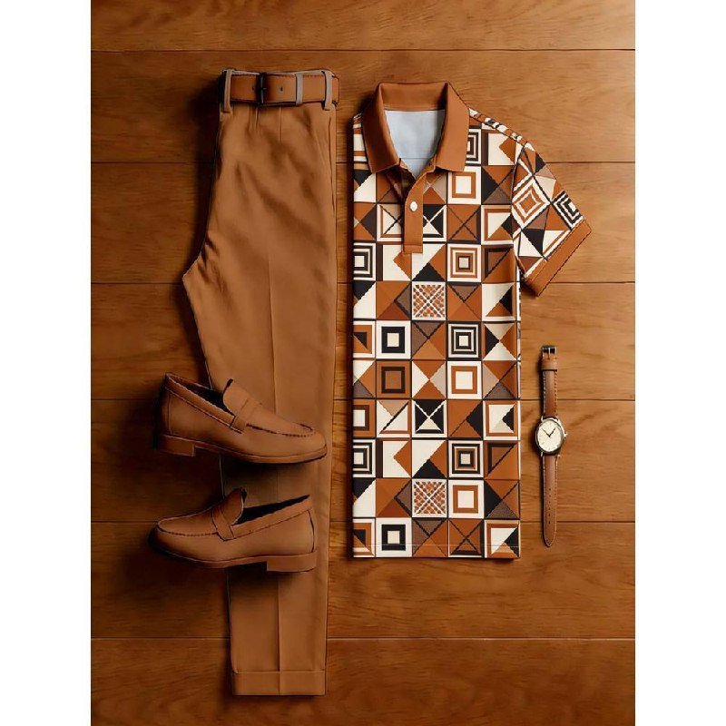 Geometric Print Polo & Trouser Outfit Set