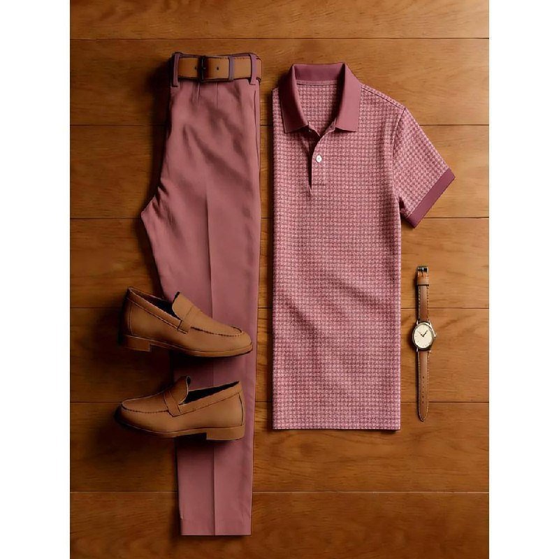 Mauve Pink Houdstooth Polo and Trouser Set