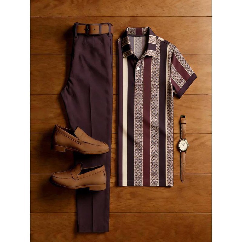 Men's Printed Polo Shirt with Trousers and Loafers Set