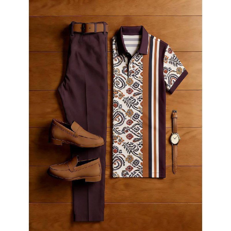 Men's Printed Polo Shirt with Trousers Outfit Set