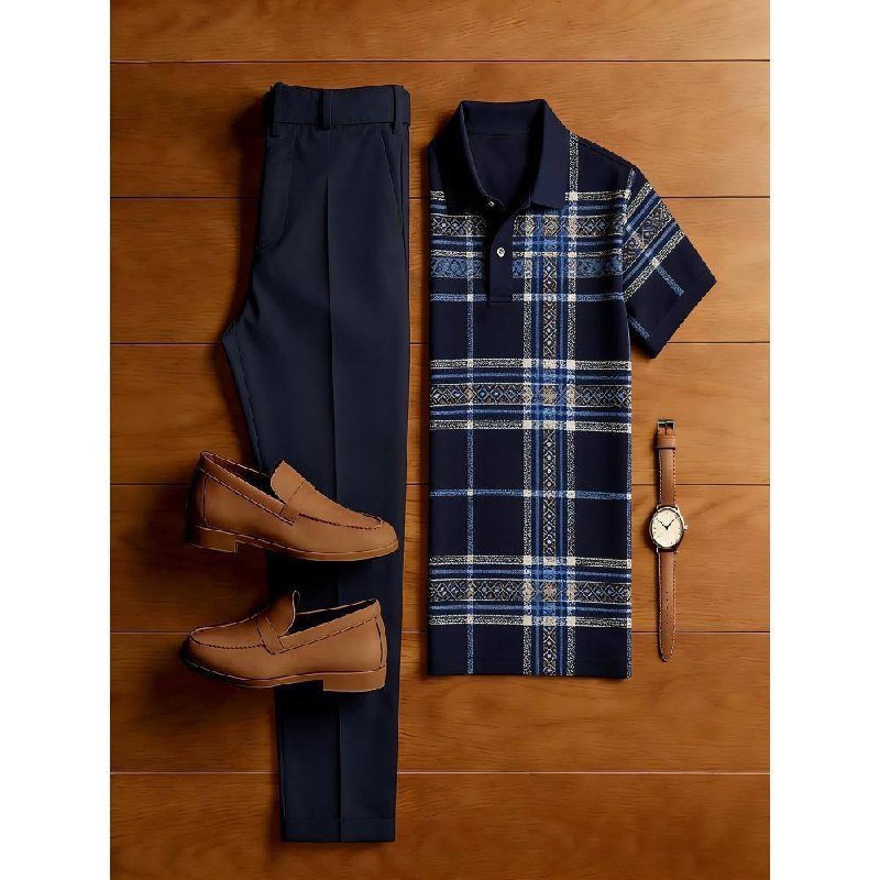Navy Plaid Polo Shirt with Trousers Set
