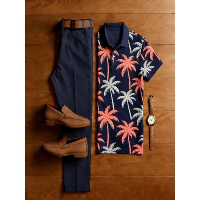 Palm Tree Print Navy Polo Shirt