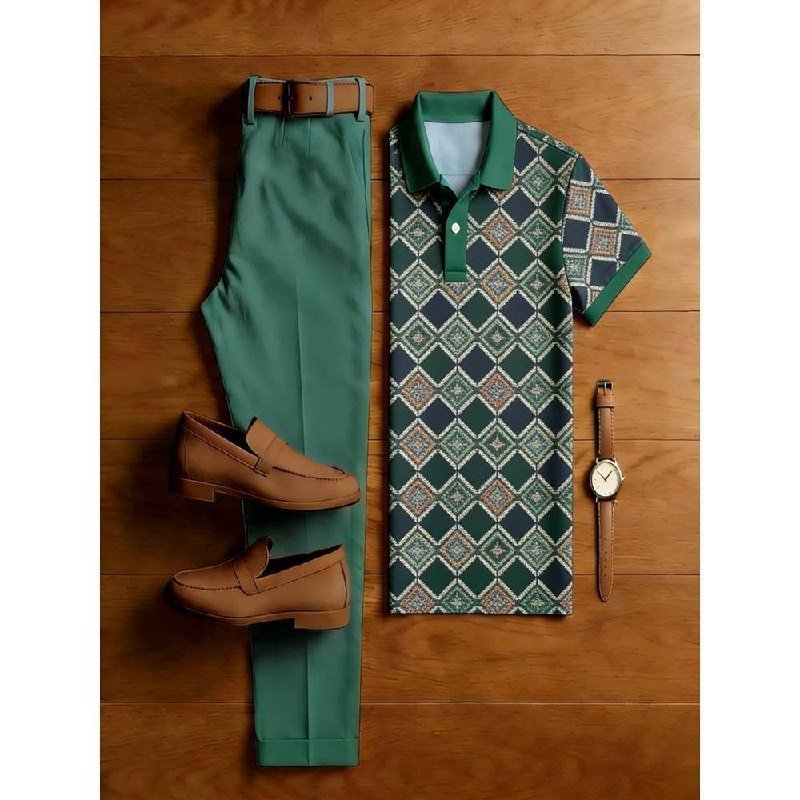 Printed Polo Shirt with Green Trousers Set